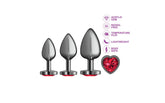 Cheeky Charms Round Metal Butt Plug Gunmetal 3 Piece Kit With Dark Red Heart Jewel Butt Plugs